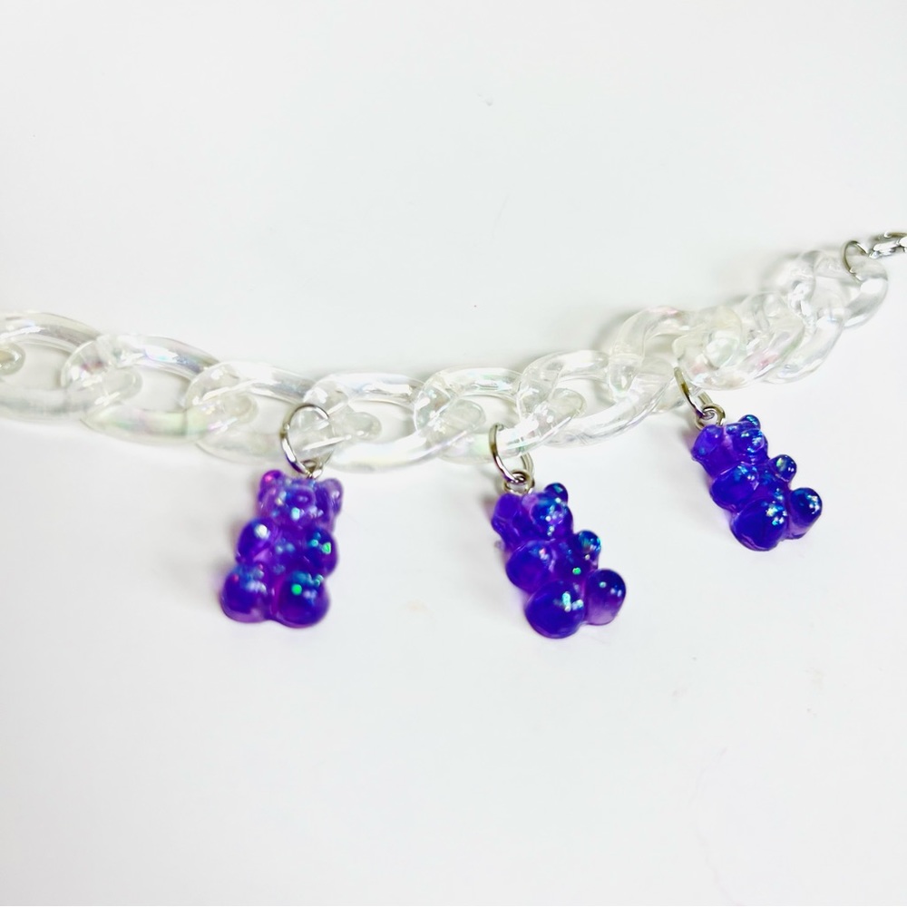 NWT Iridescent Clear Holographic Chain Block Purple Sparkle Gummy Bear Bracelet - Picture 5 of 7